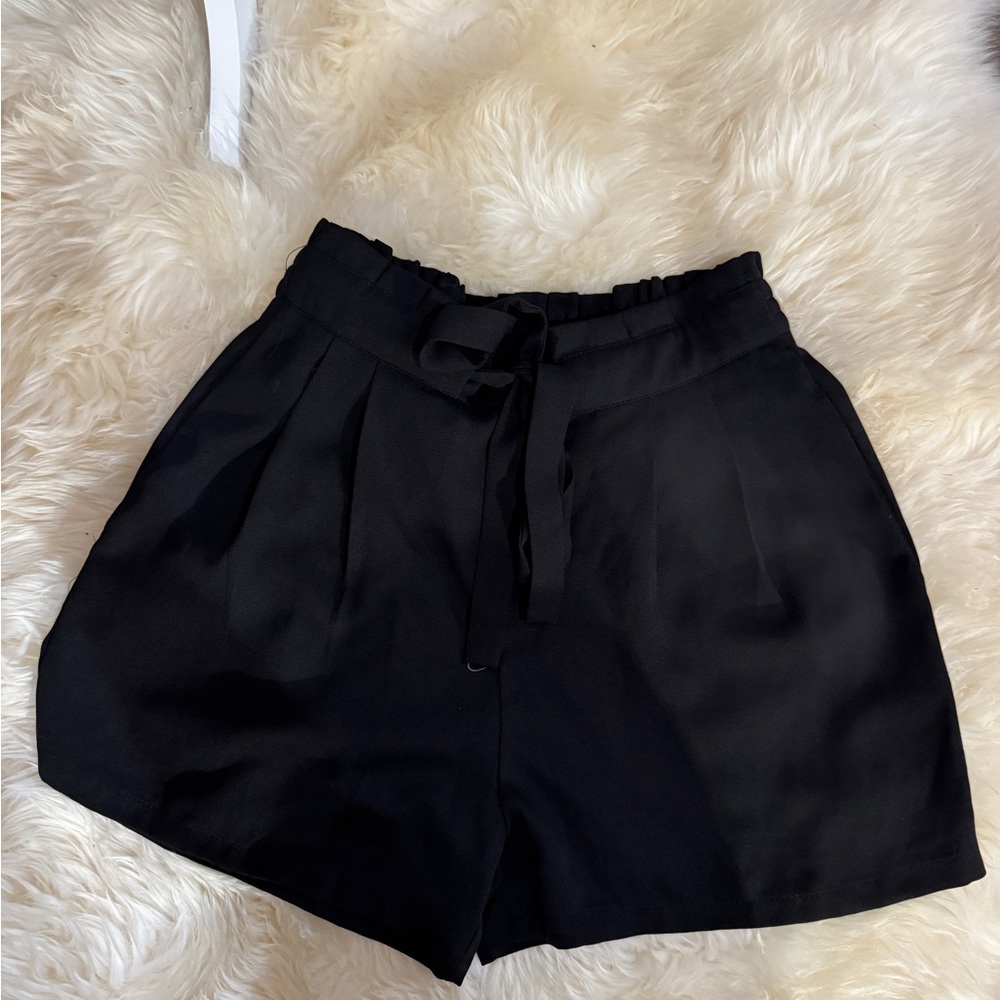 High Waist Black Shorts with Tie Detail